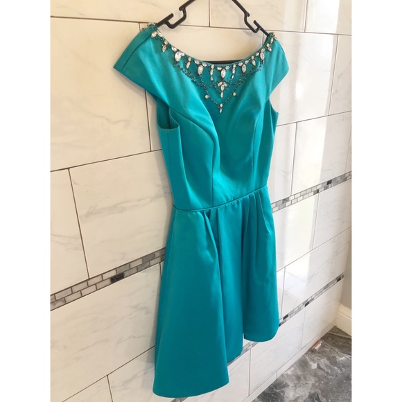 Sherri Hill Jeweled Fit & Flare Dress, SZ 4, Turquoise, Teal, Aqua, Rhinestone - Picture 7 of 7